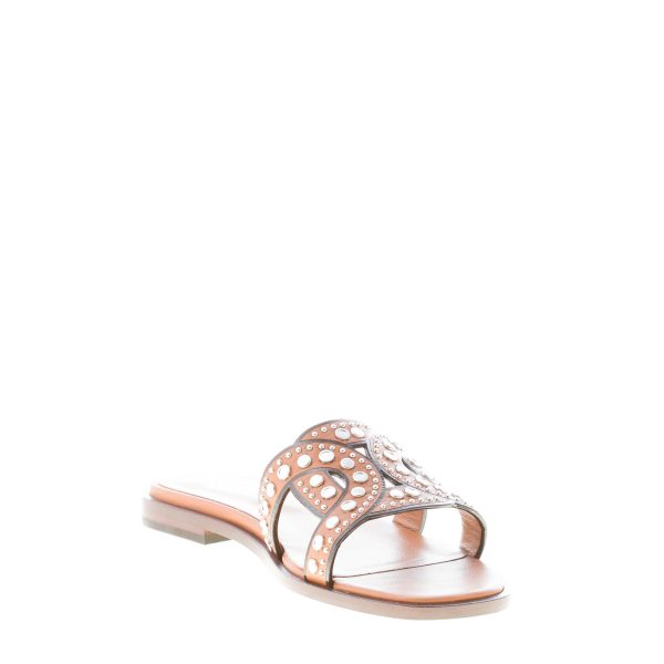 TOD'S donna sandalo ciabatta in pelle CUOIO con fascia intrecciata a catena e borchie. Suola cuoio - immagine 6