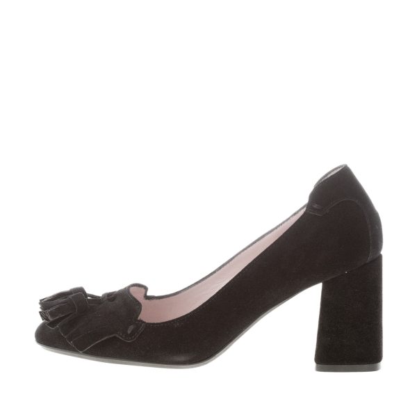 ANNA F. donna decolletè in camoscio NERO con frangia e nappine. Tacco 8 cm