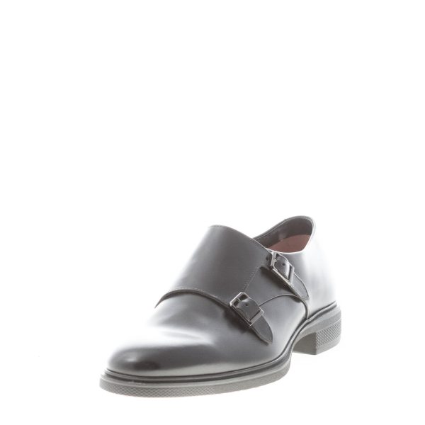 SANTONI uomo scarpa con doppia fibbia in pelle spazzolata NERO. Suola gomma - immagine 2