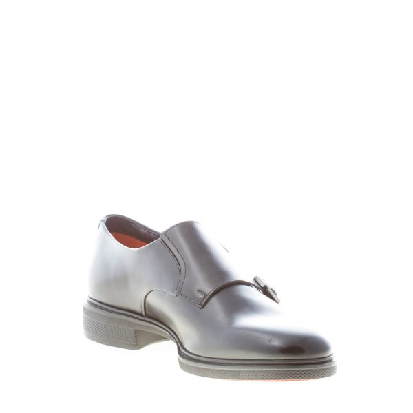 SANTONI uomo scarpa con doppia fibbia in pelle spazzolata NERO. Suola gomma - immagine 6