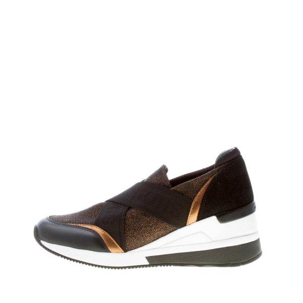 MICHAEL KORS donna slip on sneaker Geena in pelle NERO e tessuto glitterato bronzo