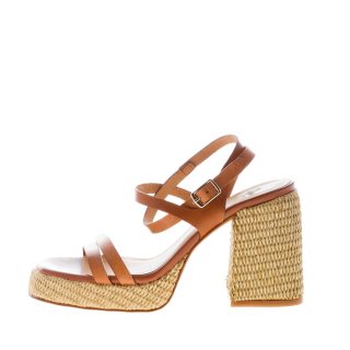 CASTANER donna sandalo Victoria in pelle CUOIO con rafia. Tacco 10 cm