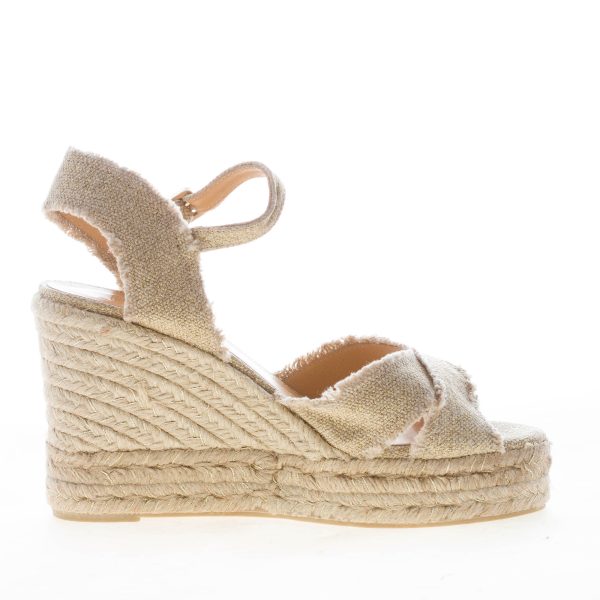 CASTANER donna sandalo zeppa Bromelia in lino metallizzato ORO CHIARO con iuta. Tacco 10 cm - immagine 4