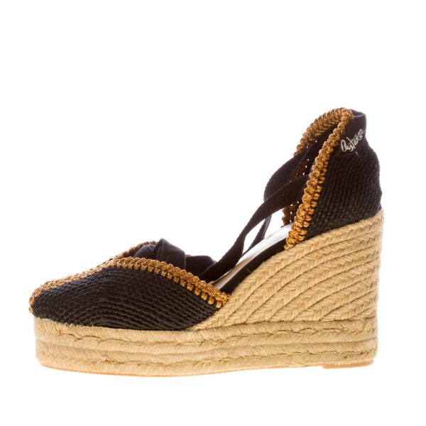 CASTANER donna scarpa espadrillas Coeur in tessuto NERO e oro con zeppa iuta. Tacco 11 cm