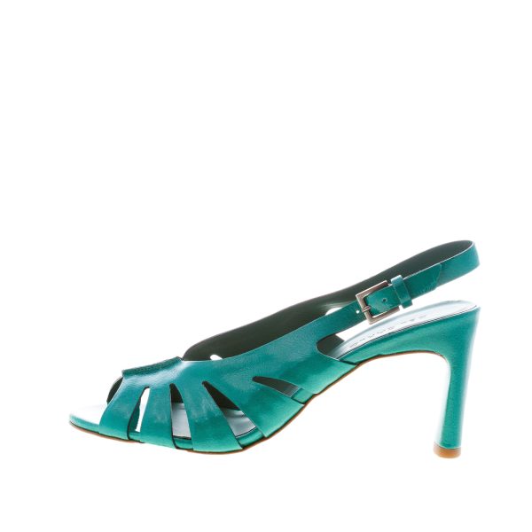 DEL CARLO donna sandalo Metis in pelle verniciata PAVONE. Tacco 8 cm