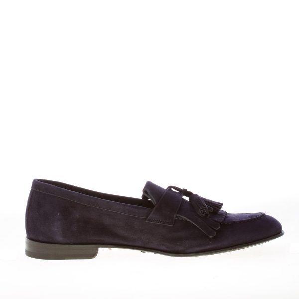 JEROLD WILTON uomo mocassino in camoscio BLU NAVY con frangia e nappine. Suola cuoio - immagine 4