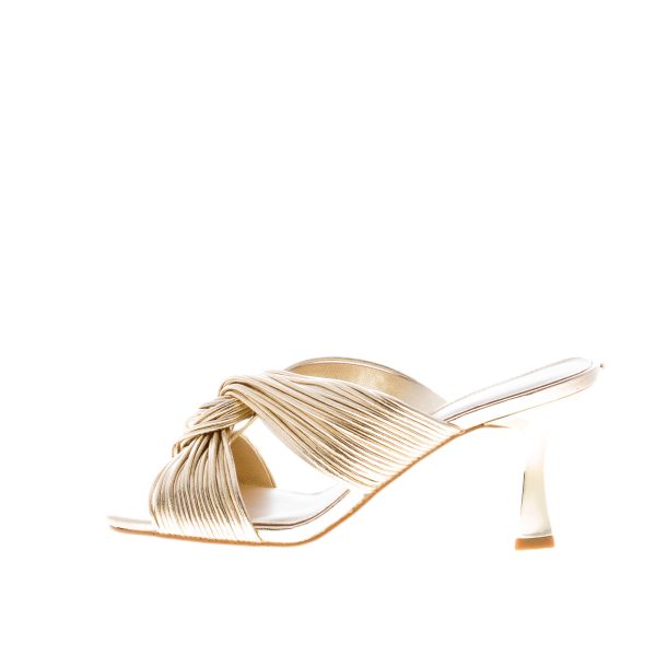 MICHAEL KORS donna sandalo slide Alessia Mule in eco-pelle metallizzata ORO con nodo. Tacco 8 cm