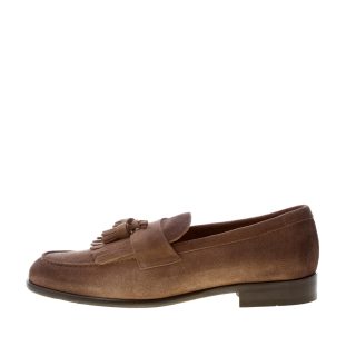 DOUCAL'S uomo mocassino in camoscio delavè CACAO con frangia e nappine. Suola in cuoio