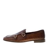 SANTONI uomo mocassino con doppia fibbia in pelle intrecciata TESTA DI MORO. Suola cuoio