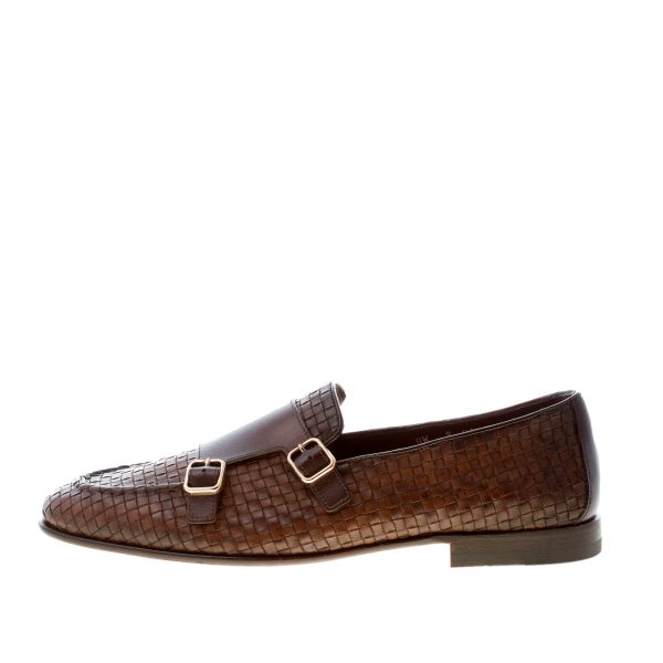 SANTONI uomo mocassino con doppia fibbia in pelle intrecciata TESTA DI MORO. Suola cuoio