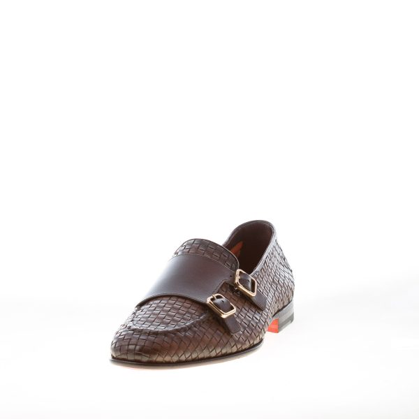 SANTONI uomo mocassino con doppia fibbia in pelle intrecciata TESTA DI MORO. Suola cuoio - immagine 2