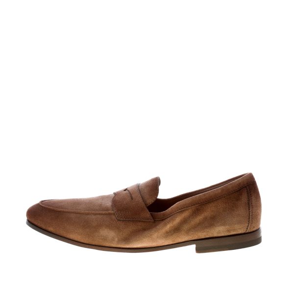 SANTONI uomo mocassino in camoscio delavè MARRONE con mascherina. Suola cuoio