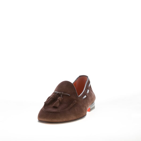 SANTONI uomo mocassino in camoscio TESTA DI MORO con nappine. Suola cuoio - immagine 2