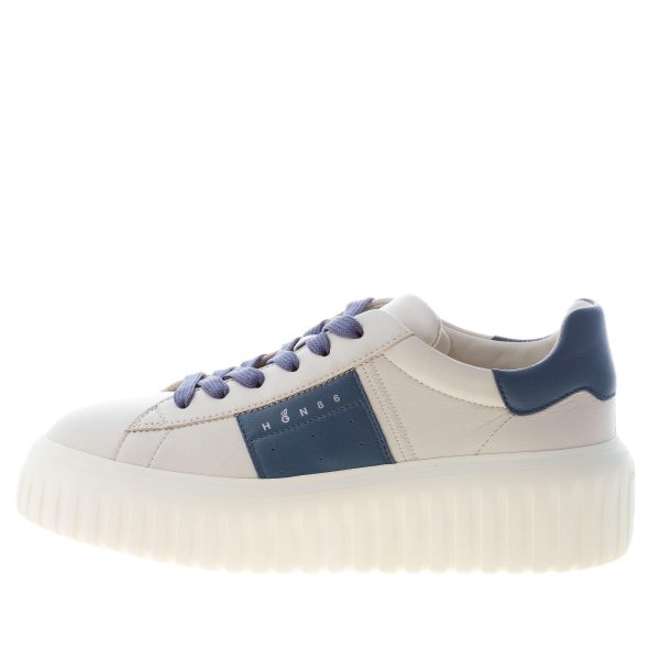 HOGAN donna H645 sneaker H-Stripes in pelle AVORIO e avio con logo 86