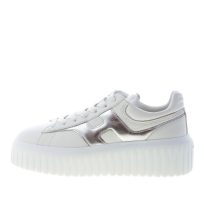 HOGAN donna H645 sneaker H-Stripes in pelle BIANCO e ARGENTO metallizzato