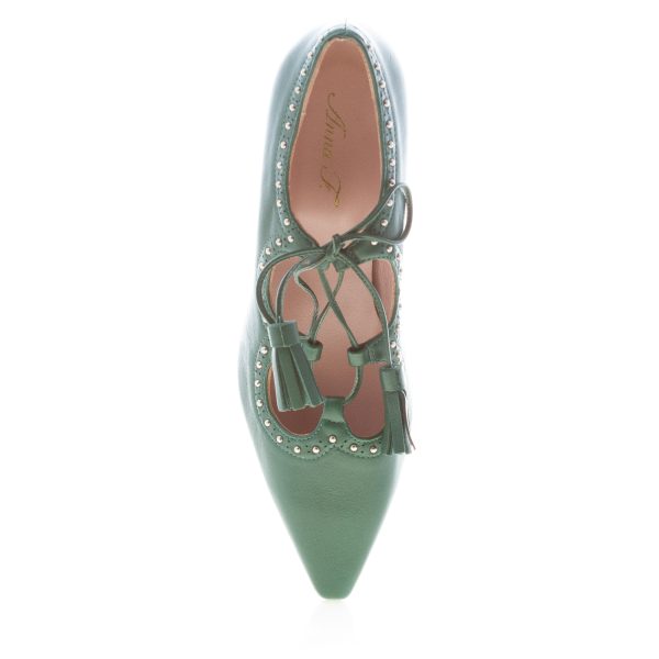 ANNA F. donna decolletè in pelle VERDE con laccetti, nappine e borchie. Tacco 5 cm - immagine 5