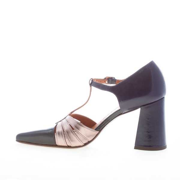 CHIE MIHARA donna decolletè T-Strap Lomera in laminato e pelle BLU e ferro. Tacco 7,5 cm - immagine 4