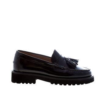 ENRY HOBB'S donna mocassino artigianale in pelle semilucida NERO con nappine. Suola gomma