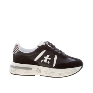 PREMIATA donna sneaker Cassie 7681 in pelle e camoscio NERO con animalier