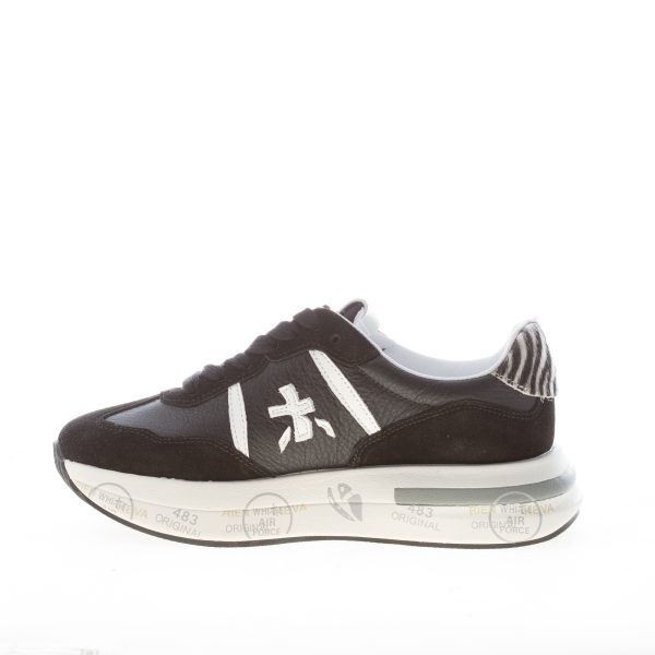 PREMIATA donna sneaker Cassie 7681 in pelle e camoscio NERO con animalier - immagine 4